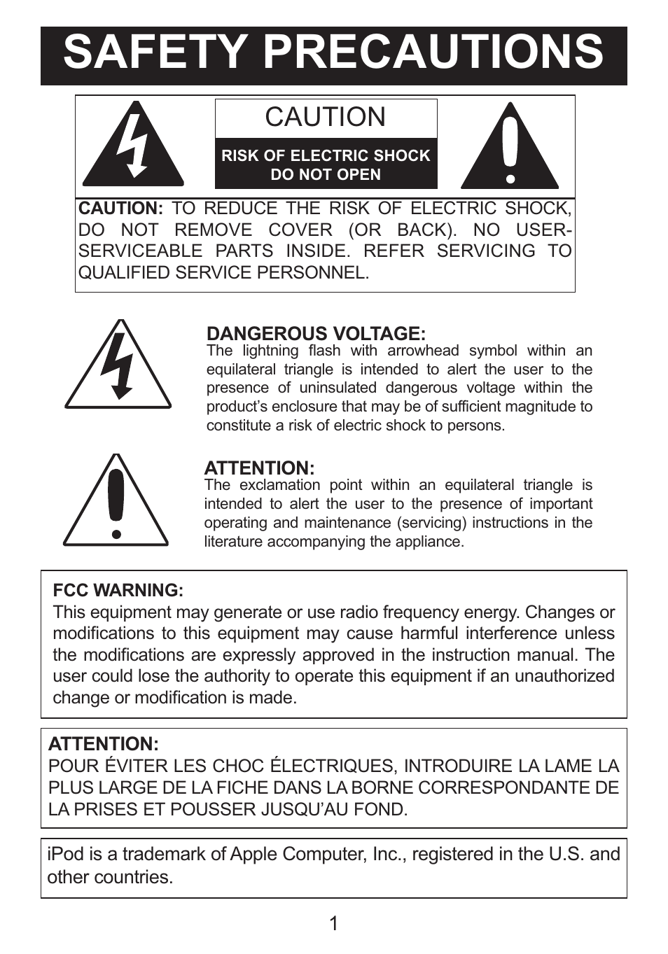 Safety precautions, Caution | Memorex iWakeUp Mi4014 User Manual | Page 2 / 42
