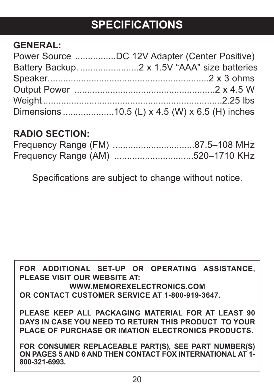 Specifications | Memorex iWakeUp Mi4014 User Manual | Page 21 / 42