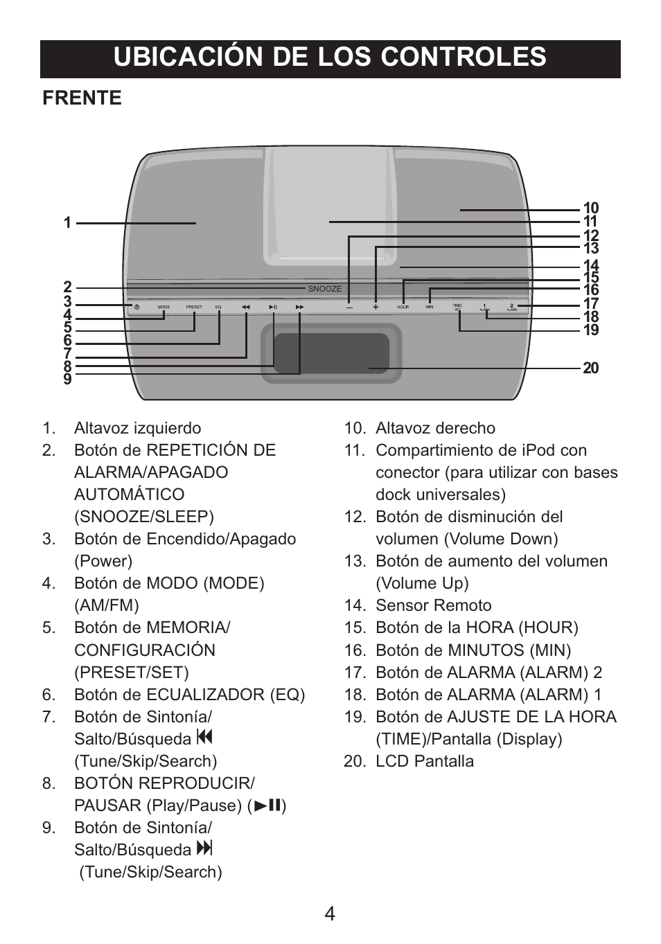 Ubicación de los controles, Frente | Memorex iWakeUp Mi4014 User Manual | Page 25 / 42