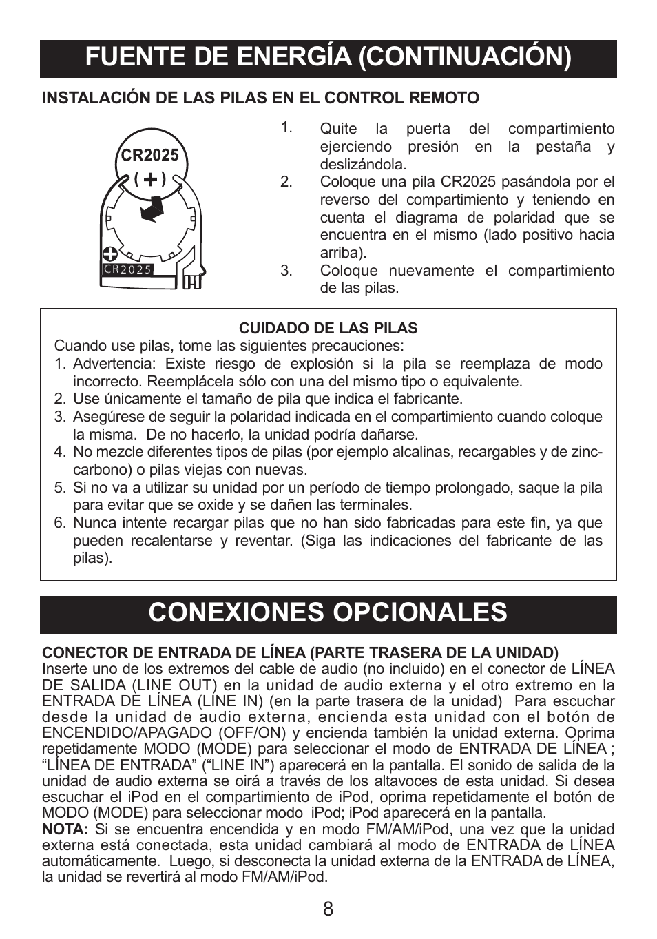 Fuente de energía (continuación), Conexiones opcionales | Memorex iWakeUp Mi4014 User Manual | Page 29 / 42