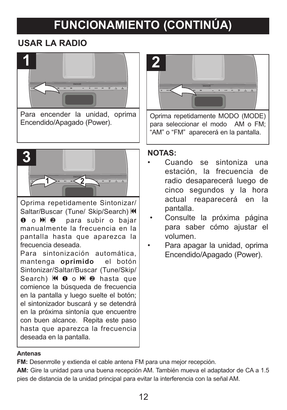 Funcionamiento (continúa), Usar la radio | Memorex iWakeUp Mi4014 User Manual | Page 33 / 42