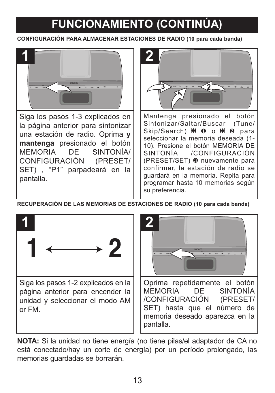 Funcionamiento (continúa) | Memorex iWakeUp Mi4014 User Manual | Page 34 / 42