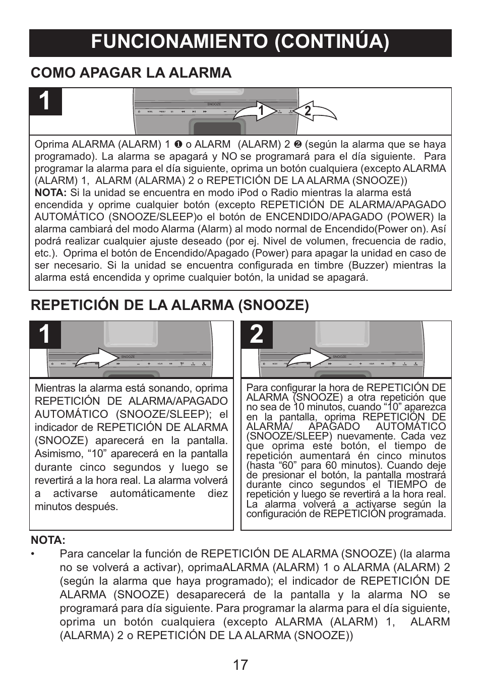Funcionamiento (continúa), Como apagar la alarma, Repetición de la alarma (snooze) | Memorex iWakeUp Mi4014 User Manual | Page 38 / 42