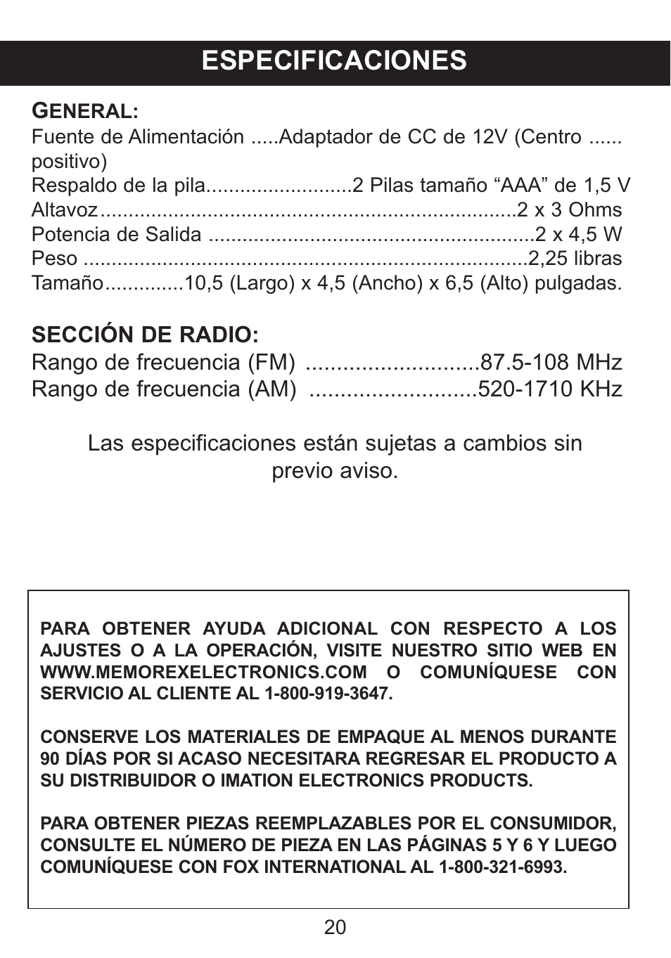 Especificaciones | Memorex iWakeUp Mi4014 User Manual | Page 41 / 42