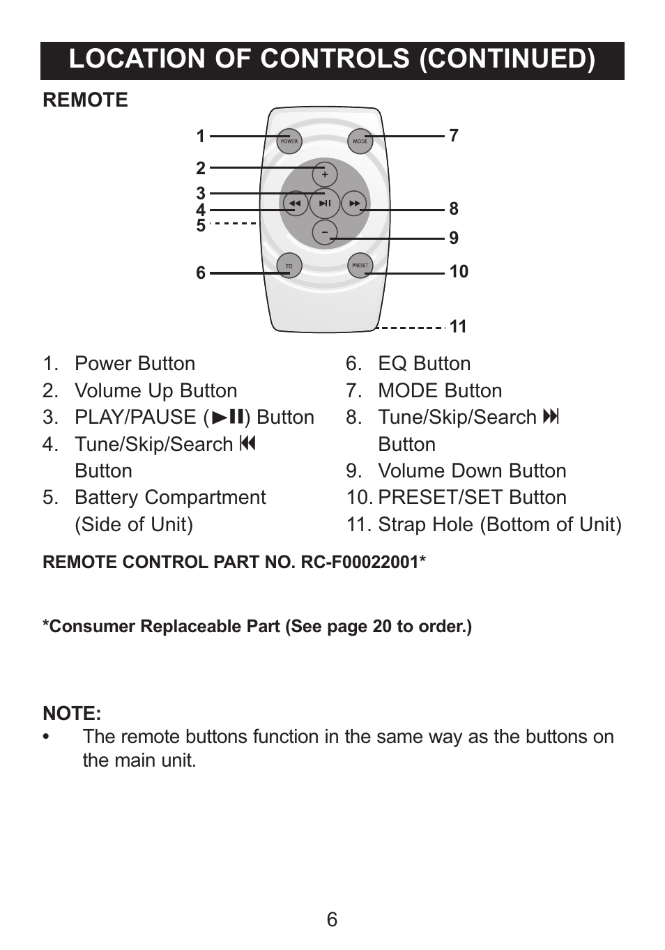Location of controls (continued) | Memorex iWakeUp Mi4014 User Manual | Page 7 / 42