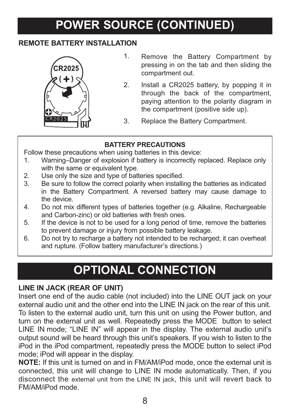 Power source (continued), Optional connection | Memorex iWakeUp Mi4014 User Manual | Page 9 / 42