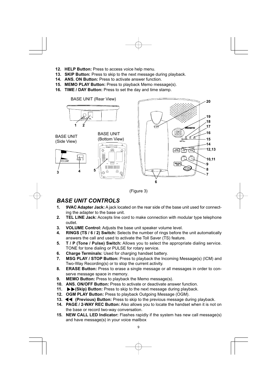 Base unit controls | Memorex MPH7895 User Manual | Page 10 / 32