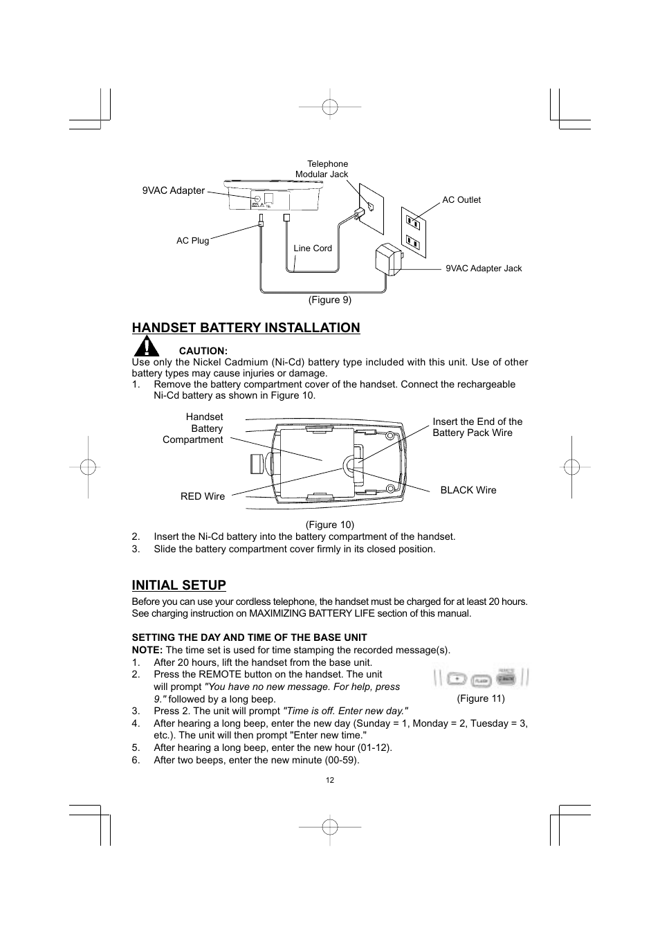 Handset battery installation, Initial setup | Memorex MPH7895 User Manual | Page 13 / 32