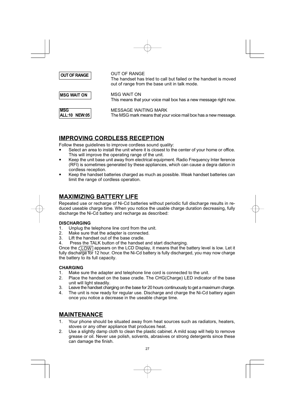 Improving cordless reception, Maximizing battery life, Maintenance | Memorex MPH7895 User Manual | Page 28 / 32