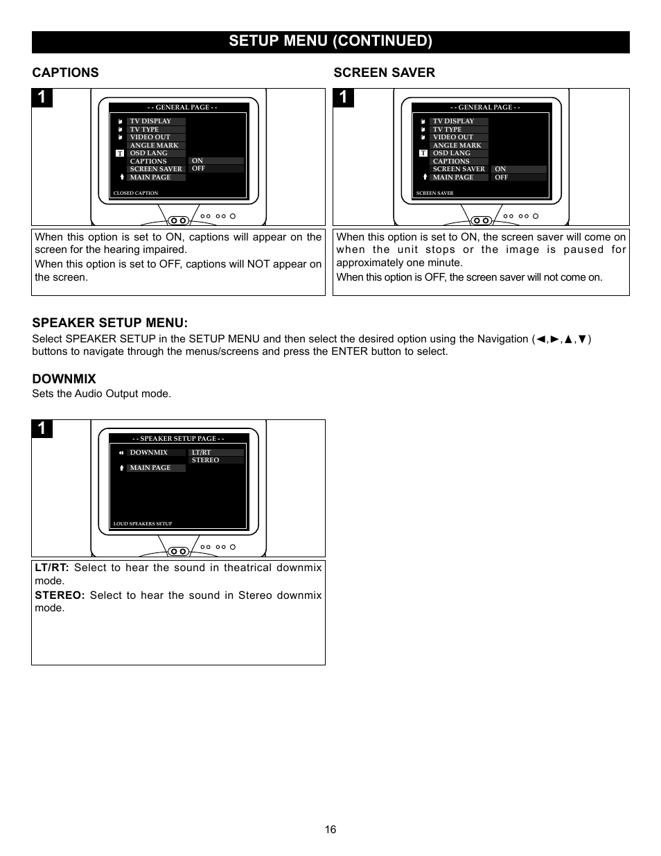 Setup menu (continued), Captions screen saver, Speaker setup menu | Downmix | Memorex MVD-2028 User Manual | Page 17 / 36