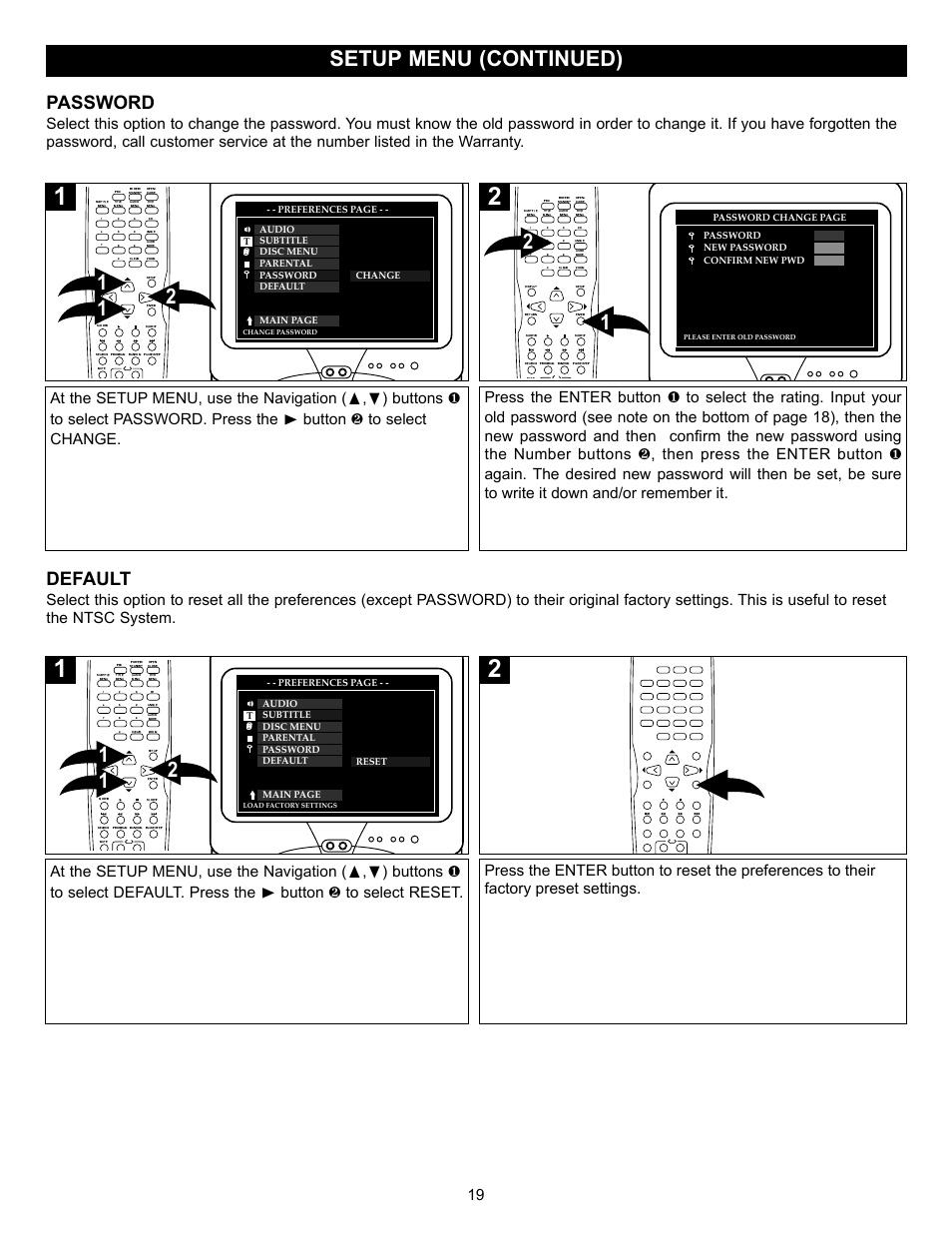 Setup menu (continued), Password, Default | Preferences page - - change, Password change page password, New password confirm new pwd, Preferences page - - reset | Memorex MVD-2028 User Manual | Page 20 / 36