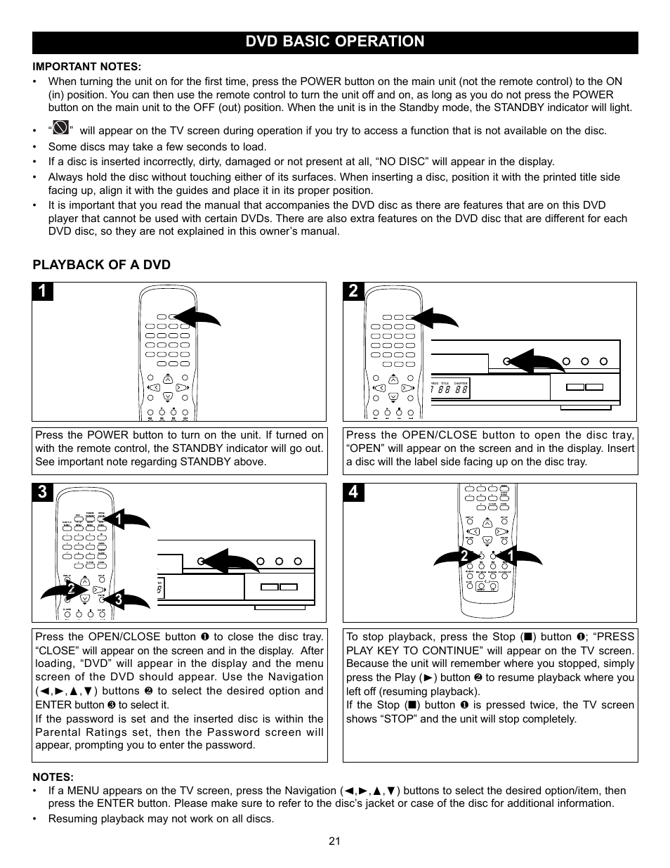 Dvd basic operation, Playback of a dvd | Memorex MVD-2028 User Manual | Page 22 / 36