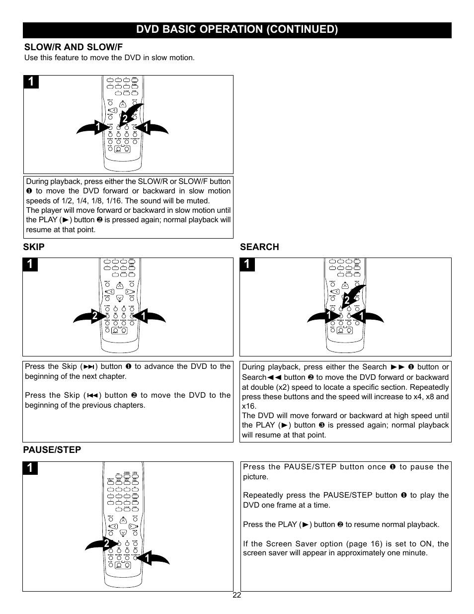 Dvd basic operation (continued), Slow/r and slow/f, Skip | Pause/step search | Memorex MVD-2028 User Manual | Page 23 / 36