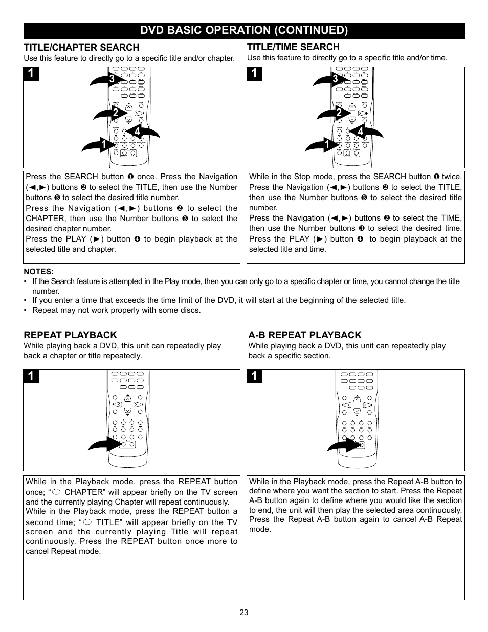 Dvd basic operation (continued), Title/chapter search, Title/time search | Repeat playback, A-b repeat playback | Memorex MVD-2028 User Manual | Page 24 / 36