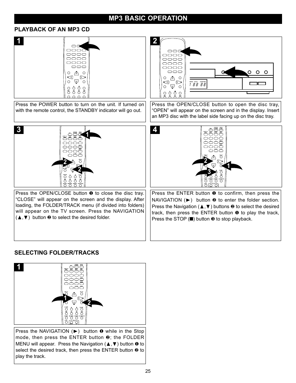 Mp3 basic operation, Playback of an mp3 cd, Selecting folder/tracks | Memorex MVD-2028 User Manual | Page 26 / 36