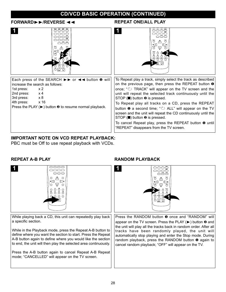 Cd/vcd basic operation (continued), Forward ❿❿ /reverse ➛➛ repeat one/all play | Memorex MVD-2028 User Manual | Page 29 / 36