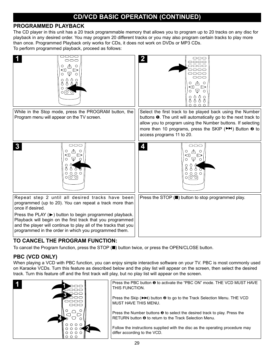 Cd/vcd basic operation (continued), Programmed playback, Pbc (vcd only) | Press the stop (■) button to stop programmed play | Memorex MVD-2028 User Manual | Page 30 / 36