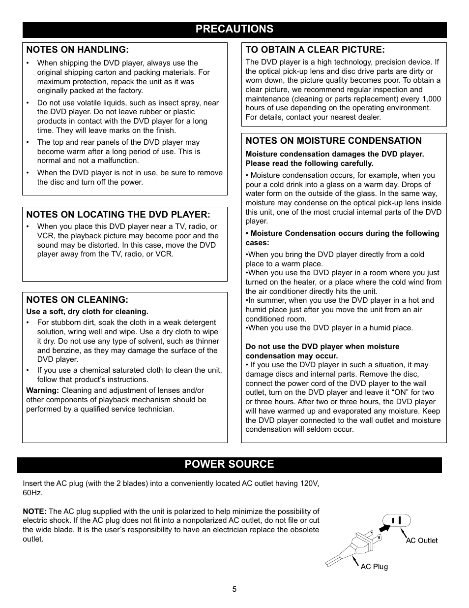 Precautions power source | Memorex MVD-2028 User Manual | Page 6 / 36