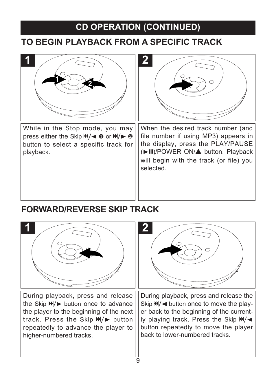 Cd operation (continued), Forward/reverse skip track | Memorex MPD8842 User Manual | Page 10 / 23