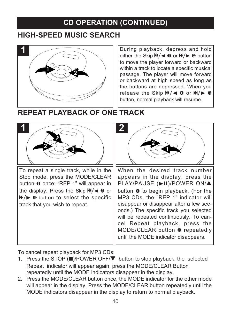 Cd operation (continued), High-speed music search, Repeat playback of one track | Memorex MPD8842 User Manual | Page 11 / 23