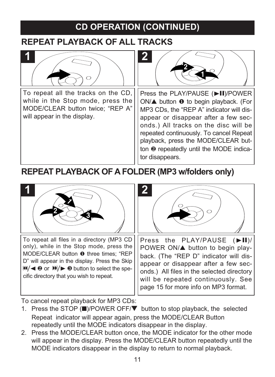 Cd operation (continued), Repeat playback of all tracks, Repeat playback of a folder (mp3 w/folders only) | Memorex MPD8842 User Manual | Page 12 / 23