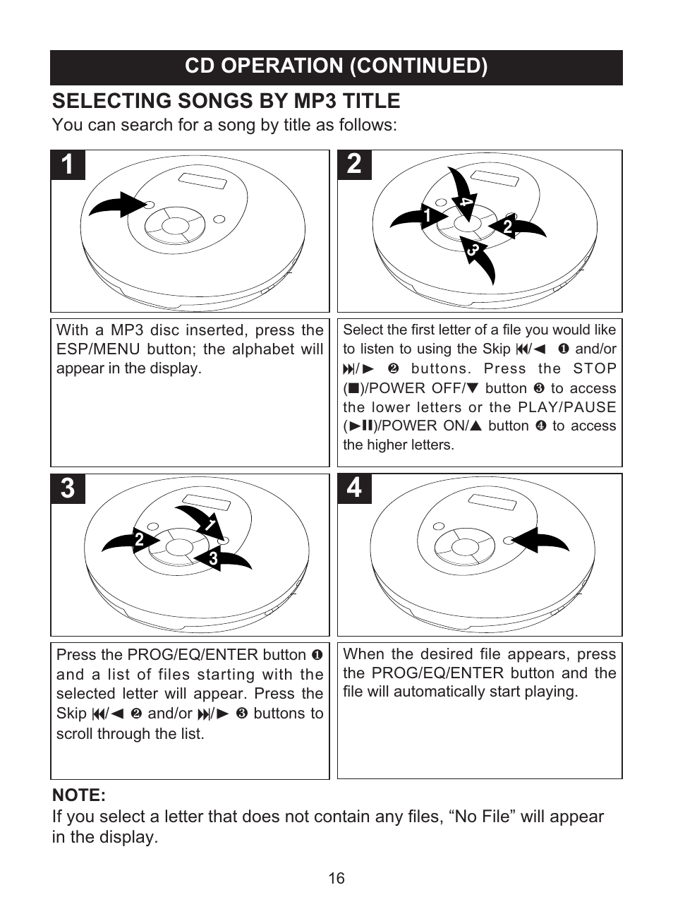 Selecting songs by mp3 title, Cd operation (continued) | Memorex MPD8842 User Manual | Page 17 / 23