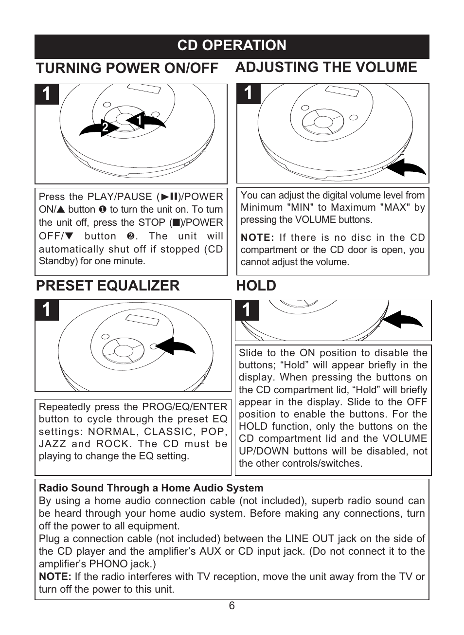 Cd operation, Turning power on/off, Adjusting the volume | Preset equalizer, Hold | Memorex MPD8842 User Manual | Page 7 / 23