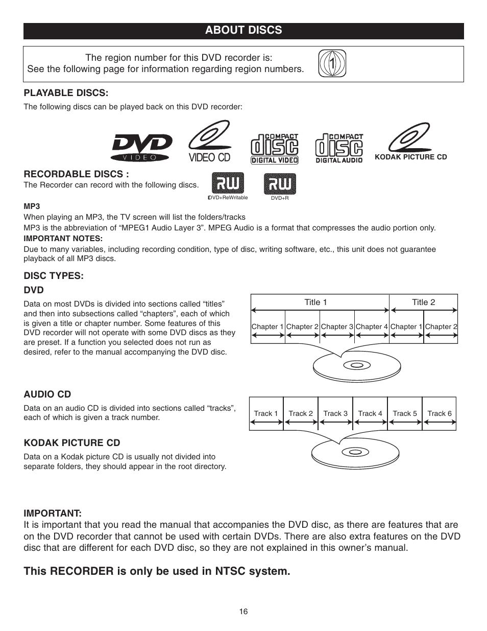 About discs, This recorder is only be used in ntsc system | Memorex MVDR2100 User Manual | Page 17 / 55