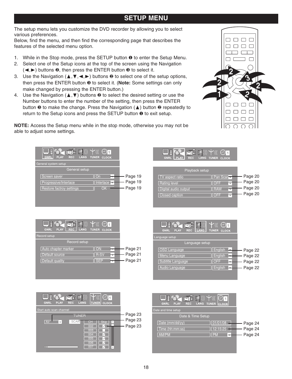 Setup menu | Memorex MVDR2100 User Manual | Page 19 / 55