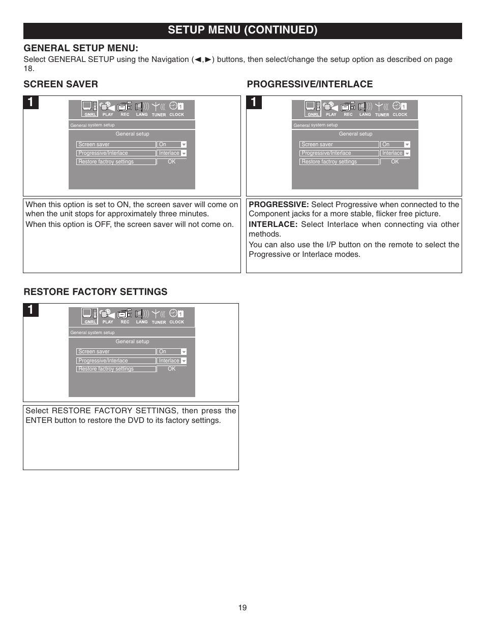 Setup menu (continued), General setup menu, Progressive/interlace screen saver | Restore factory settings | Memorex MVDR2100 User Manual | Page 20 / 55