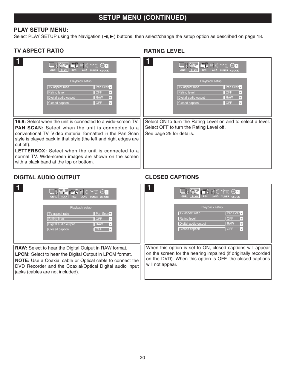 Setup menu (continued), Play setup menu, Tv aspect ratio rating level | Closed captions, Digital audio output | Memorex MVDR2100 User Manual | Page 21 / 55