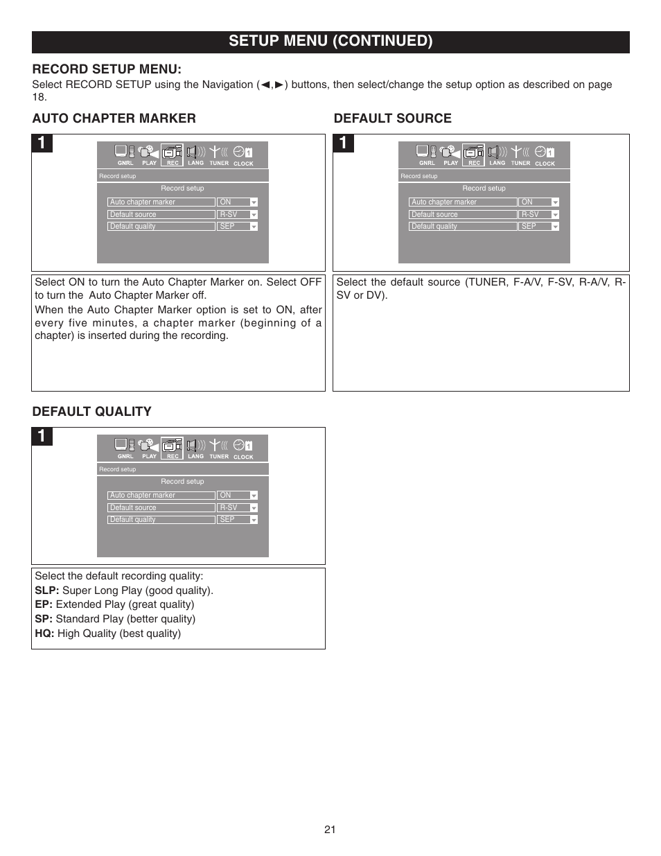 Setup menu (continued), Record setup menu, Auto chapter marker default source | Default quality | Memorex MVDR2100 User Manual | Page 22 / 55