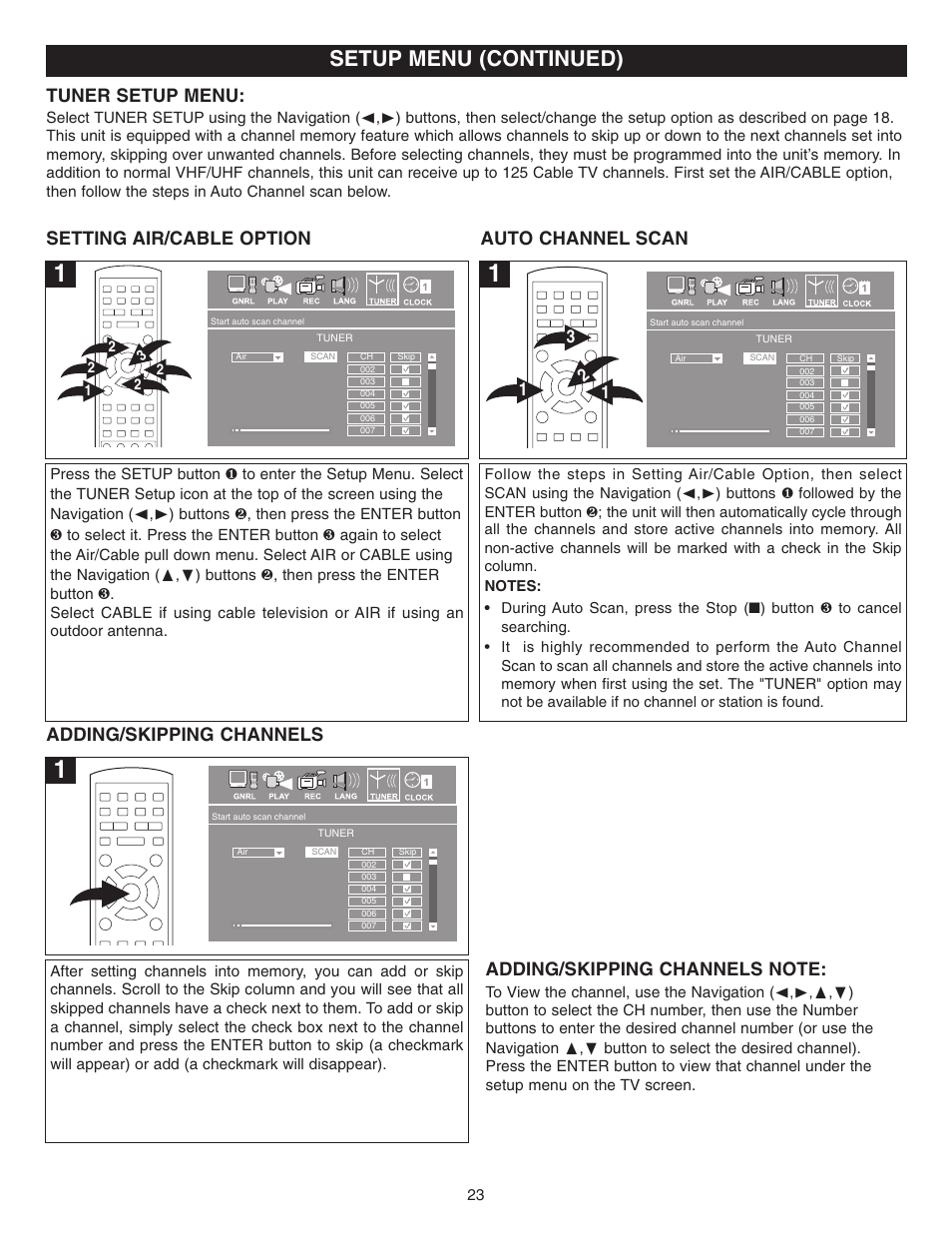 Setup menu (continued), Tuner setup menu, Setting air/cable option auto channel scan | Adding/skipping channels | Memorex MVDR2100 User Manual | Page 24 / 55