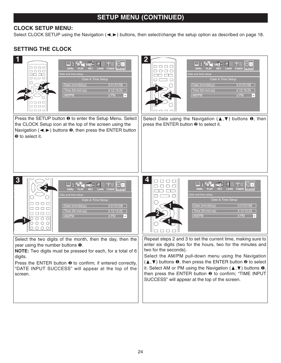 Setup menu (continued), Clock setup menu, Setting the clock | Memorex MVDR2100 User Manual | Page 25 / 55
