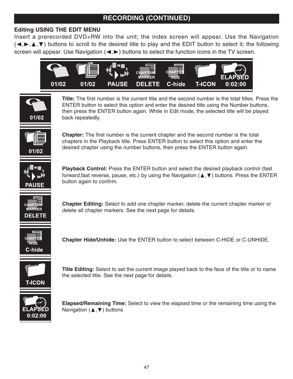 Recording (continued) | Memorex MVDR2100 User Manual | Page 48 / 55