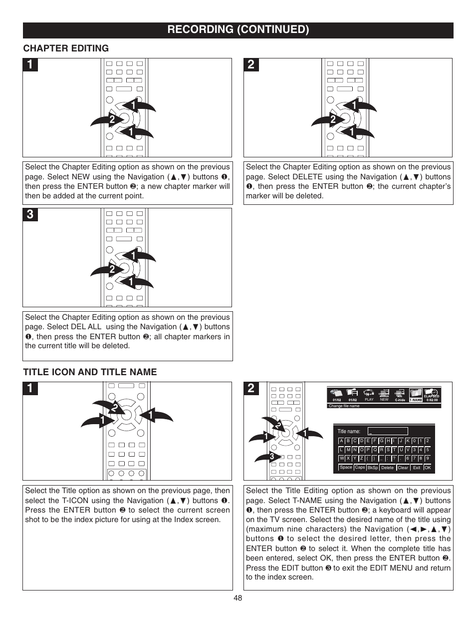 Recording (continued), Chapter editing, Title icon and title name | Memorex MVDR2100 User Manual | Page 49 / 55