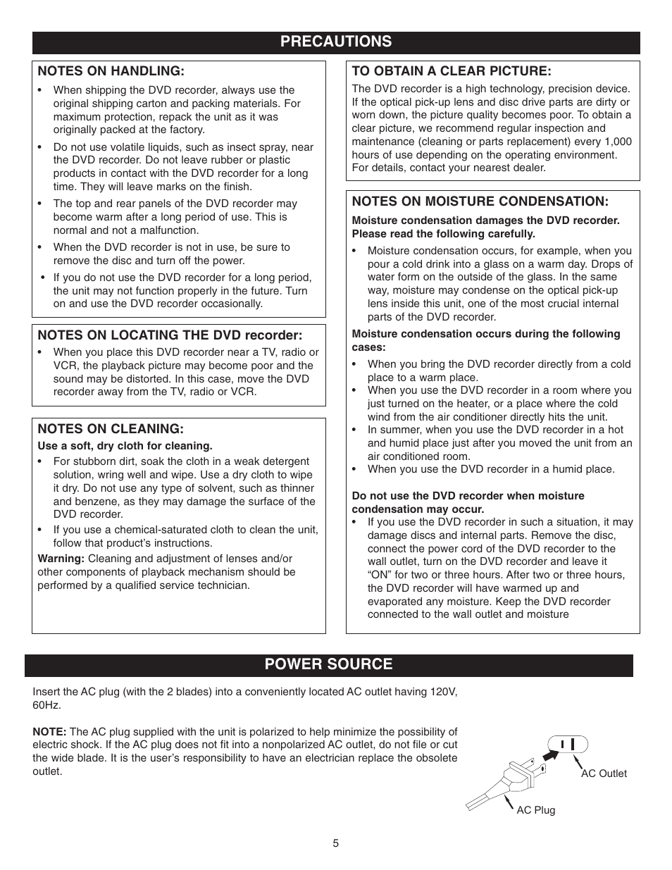 Precautions power source | Memorex MVDR2100 User Manual | Page 6 / 55