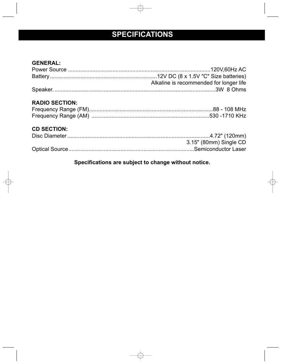 Specifications | Memorex MP3126 User Manual | Page 16 / 17