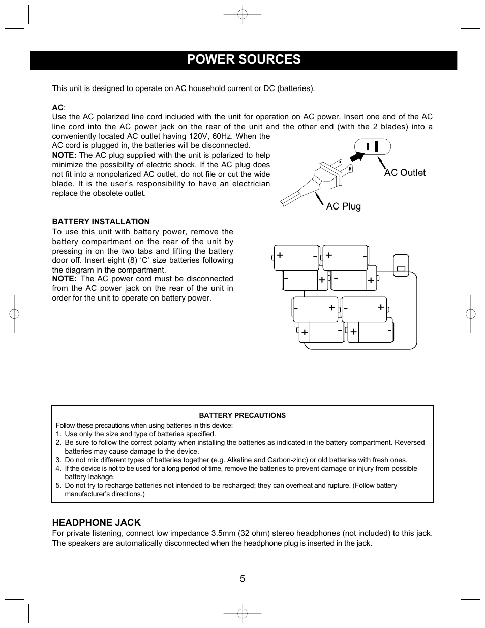 Power sources | Memorex MP3126 User Manual | Page 6 / 17