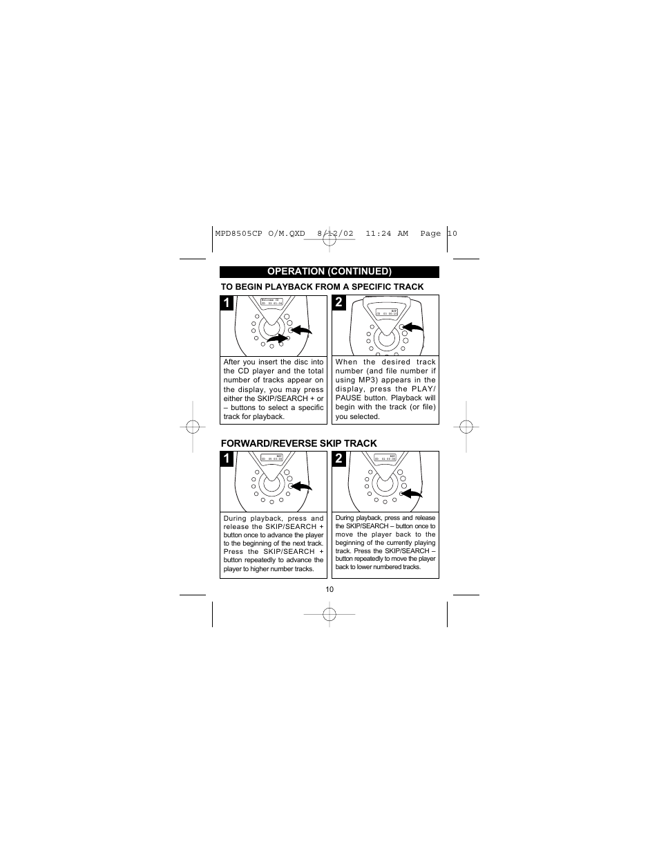 Operation (continued), Forward/reverse skip track | Memorex MPD8505CP User Manual | Page 11 / 26