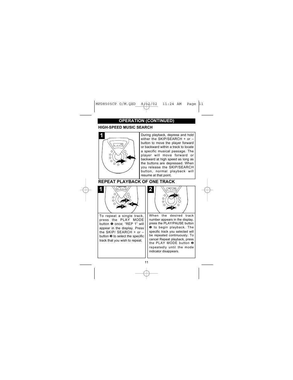 Operation (continued), Repeat playback of one track | Memorex MPD8505CP User Manual | Page 12 / 26