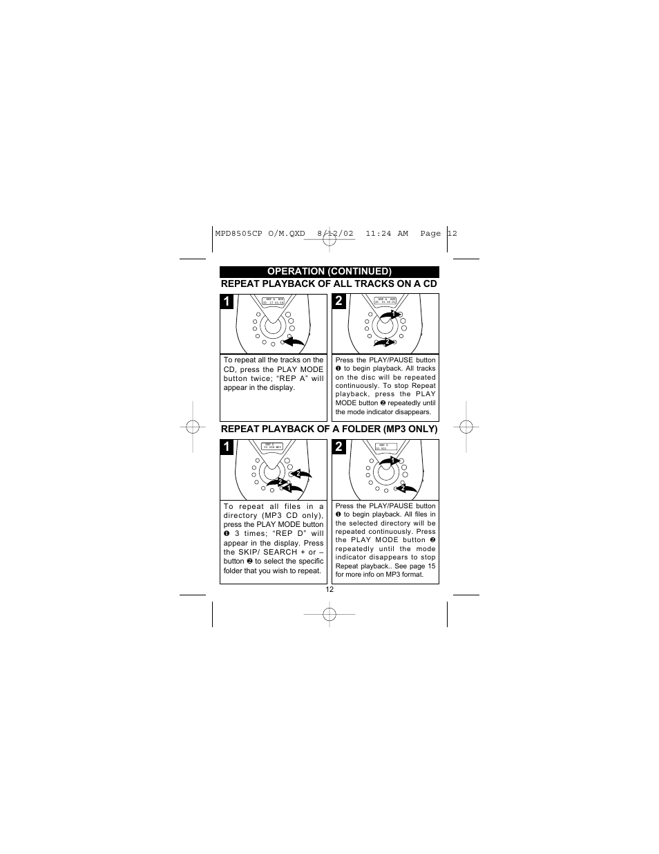 Operation (continued), Repeat playback of all tracks on a cd, Repeat playback of a folder (mp3 only) | Memorex MPD8505CP User Manual | Page 13 / 26