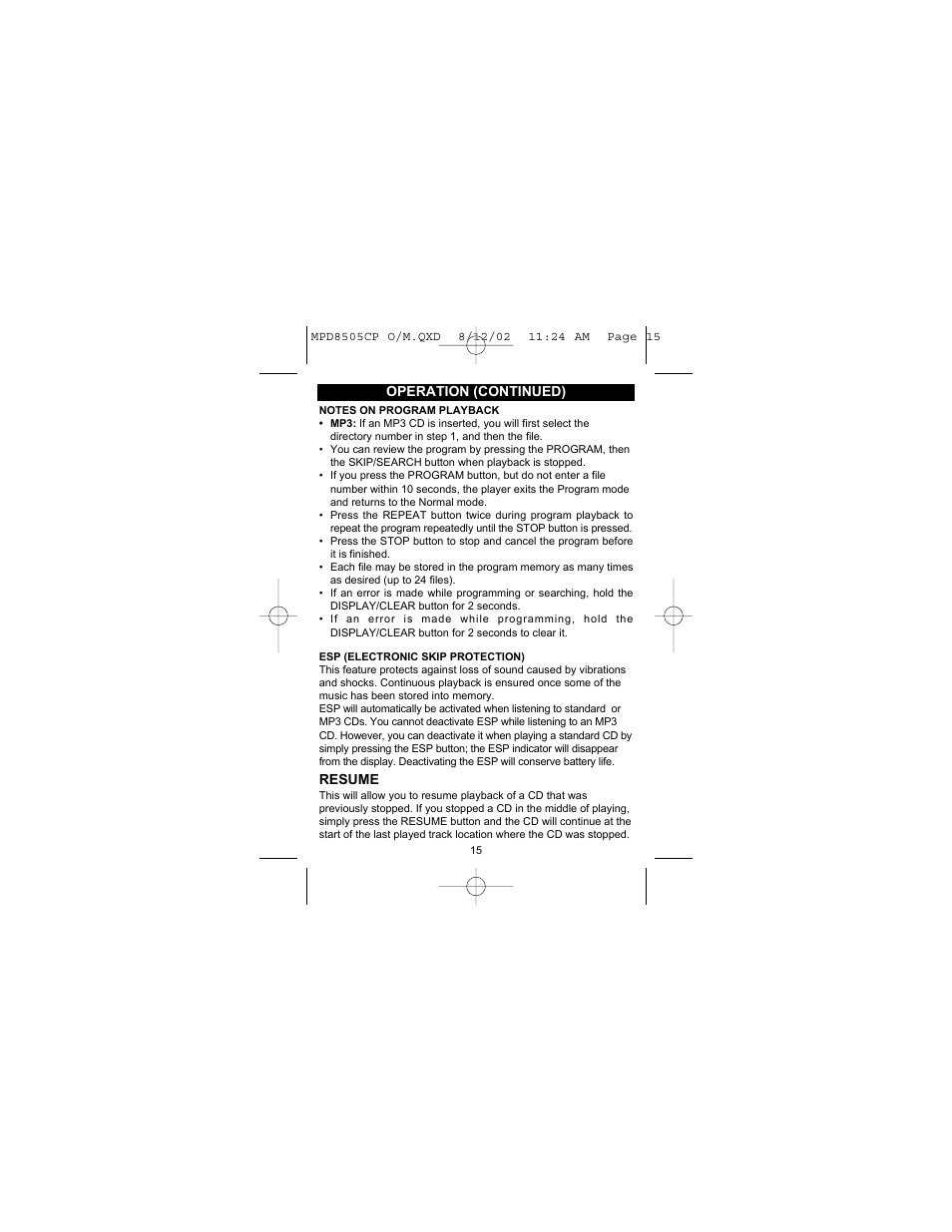 Operation (continued), Resume | Memorex MPD8505CP User Manual | Page 16 / 26