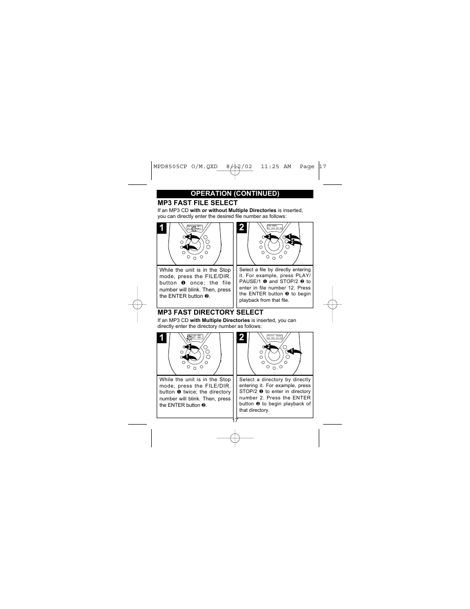 Operation (continued), Mp3 fast file select, Mp3 fast directory select | Memorex MPD8505CP User Manual | Page 18 / 26