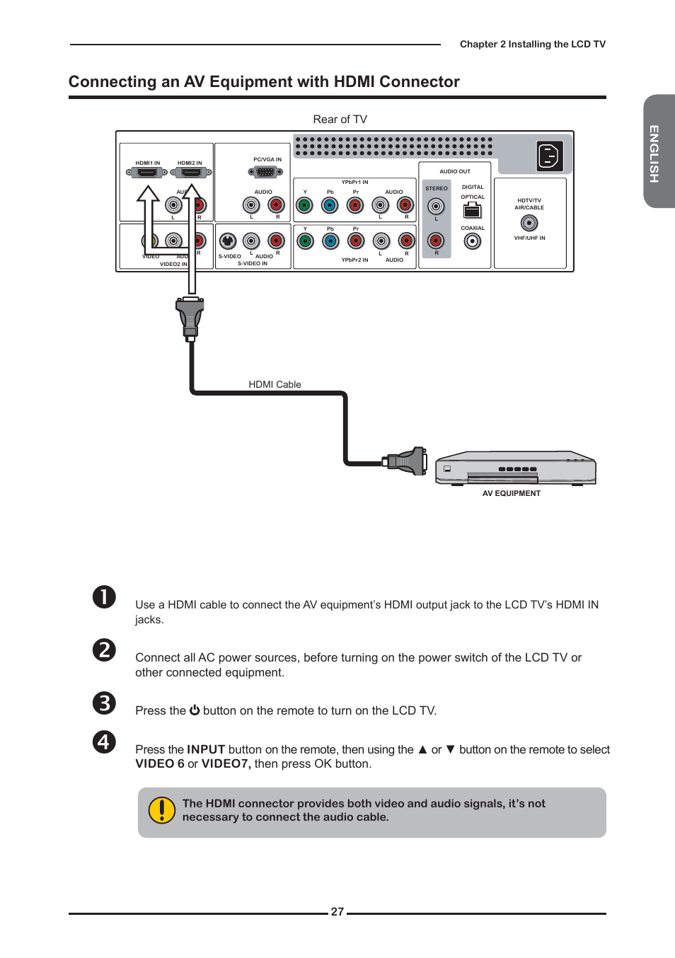Connecting an av equipment with hdmi connector | Memorex MLTD2622 User Manual | Page 29 / 123