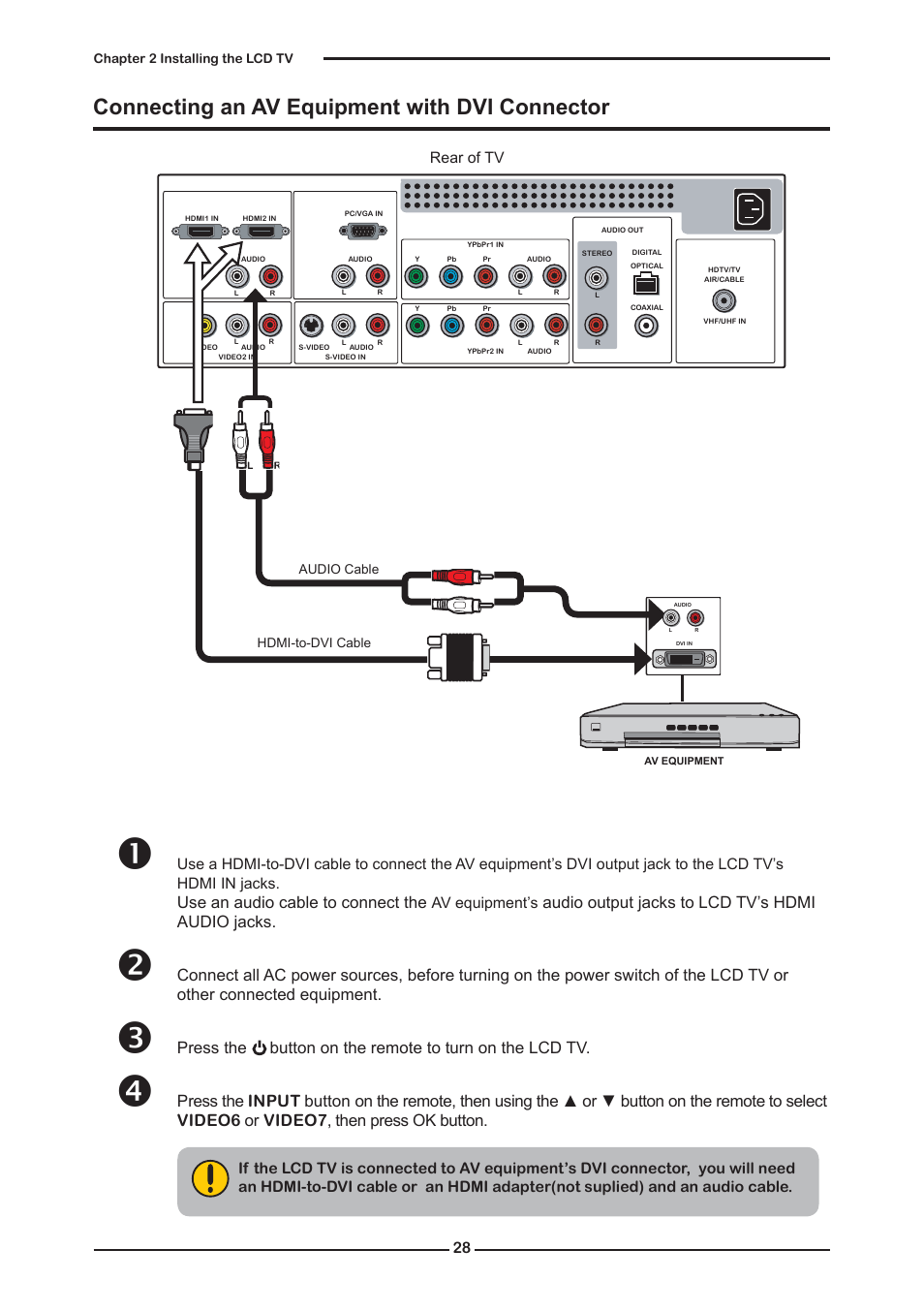 Connecting an av equipment with dvi connector, Use an audio cable to connect the, Audio output jacks to lcd tv’s hdmi audio jacks | Memorex MLTD2622 User Manual | Page 30 / 123