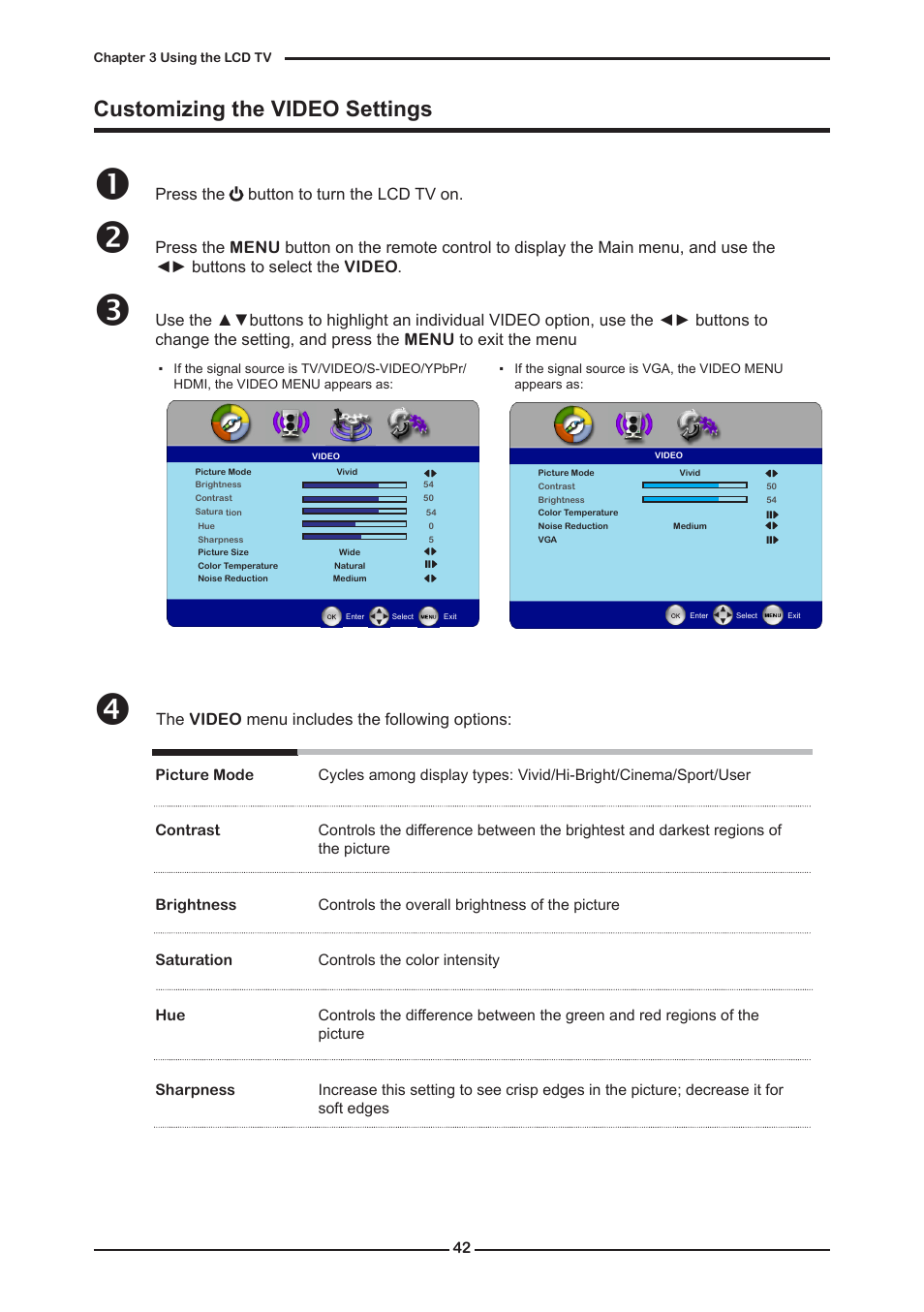 Customizing the video settings, Press the button to turn the lcd tv on, The video menu includes the following options | Memorex MLTD2622 User Manual | Page 44 / 123