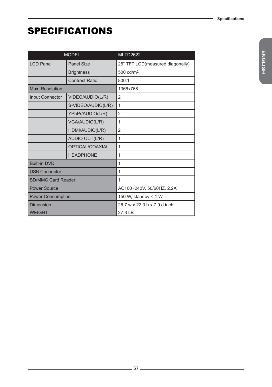 Specifications | Memorex MLTD2622 User Manual | Page 59 / 123