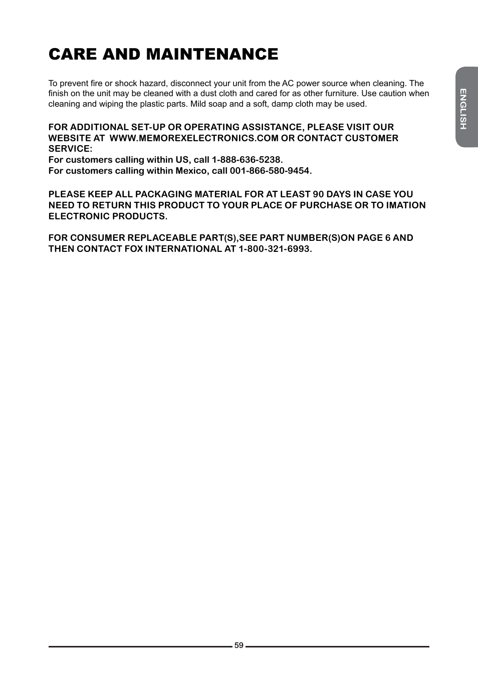 Care and maintenance | Memorex MLTD2622 User Manual | Page 61 / 123