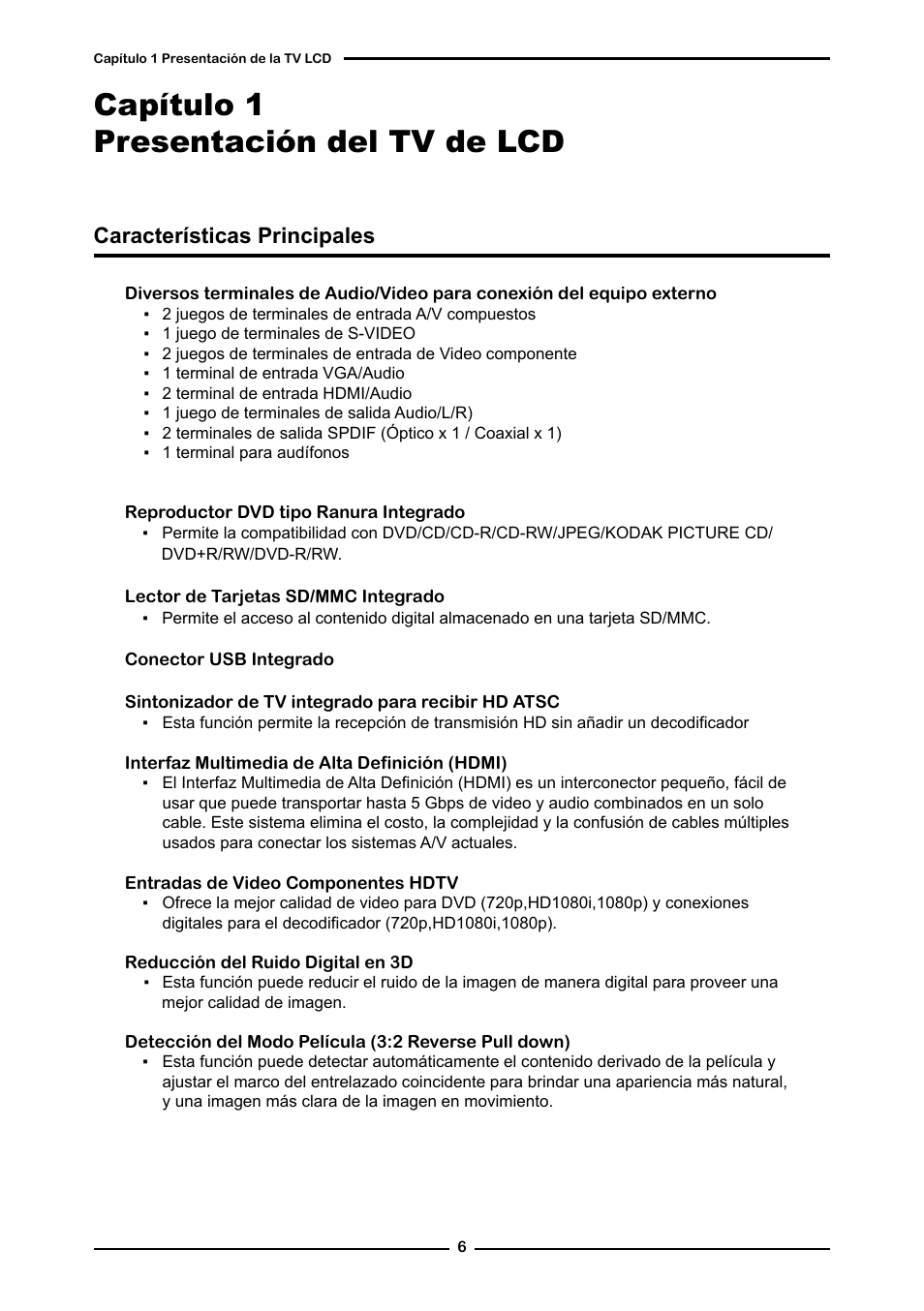 Capítulo 1 presentación del tv de lcd, Características principales | Memorex MLTD2622 User Manual | Page 68 / 123